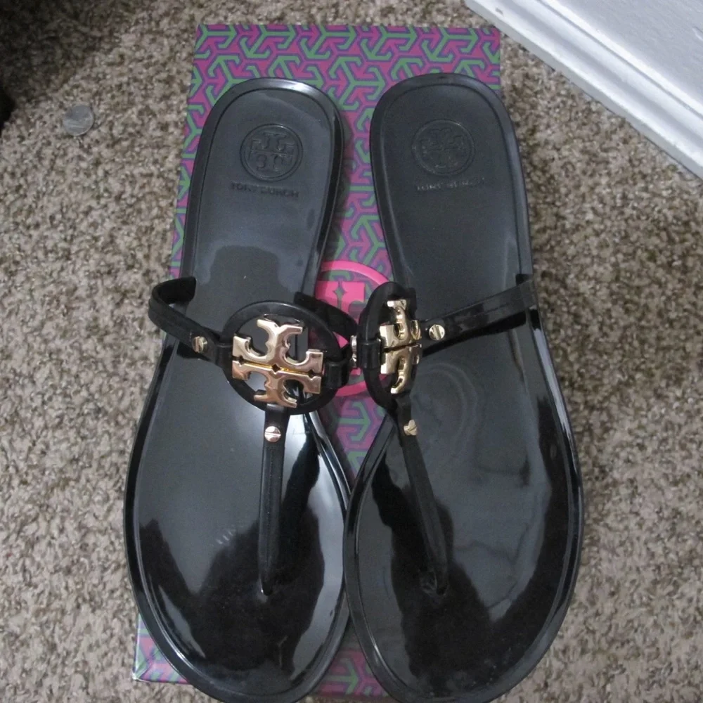 Tory Burch Black Patent Miller Thong Sandals with Gold Logo